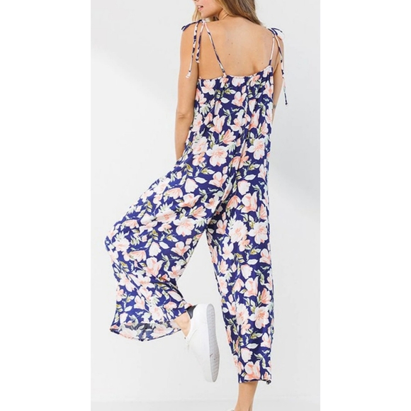 Flowy boho navy floral wide leg jumpsuit with self tie spaghetti straps - Picture 3 of 3